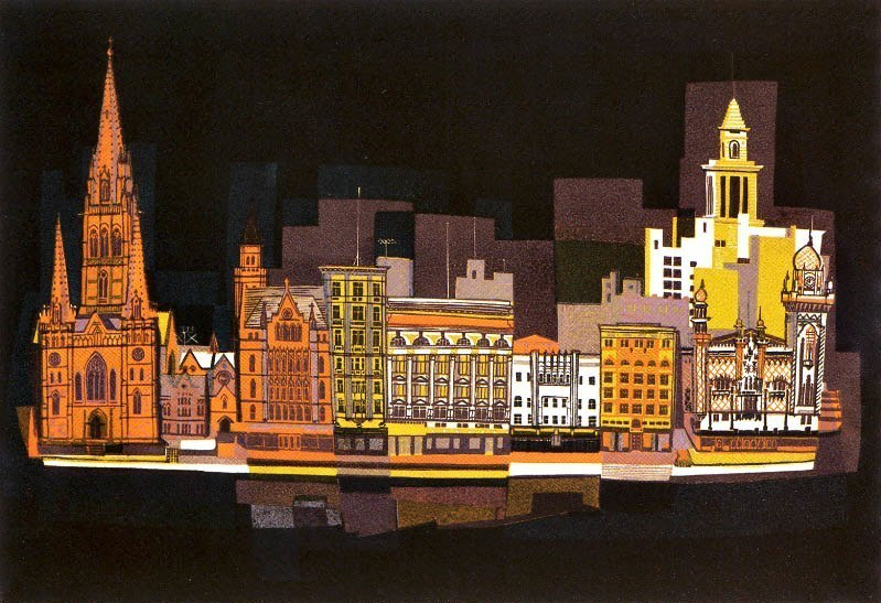KJ Flinders St Facades linocut